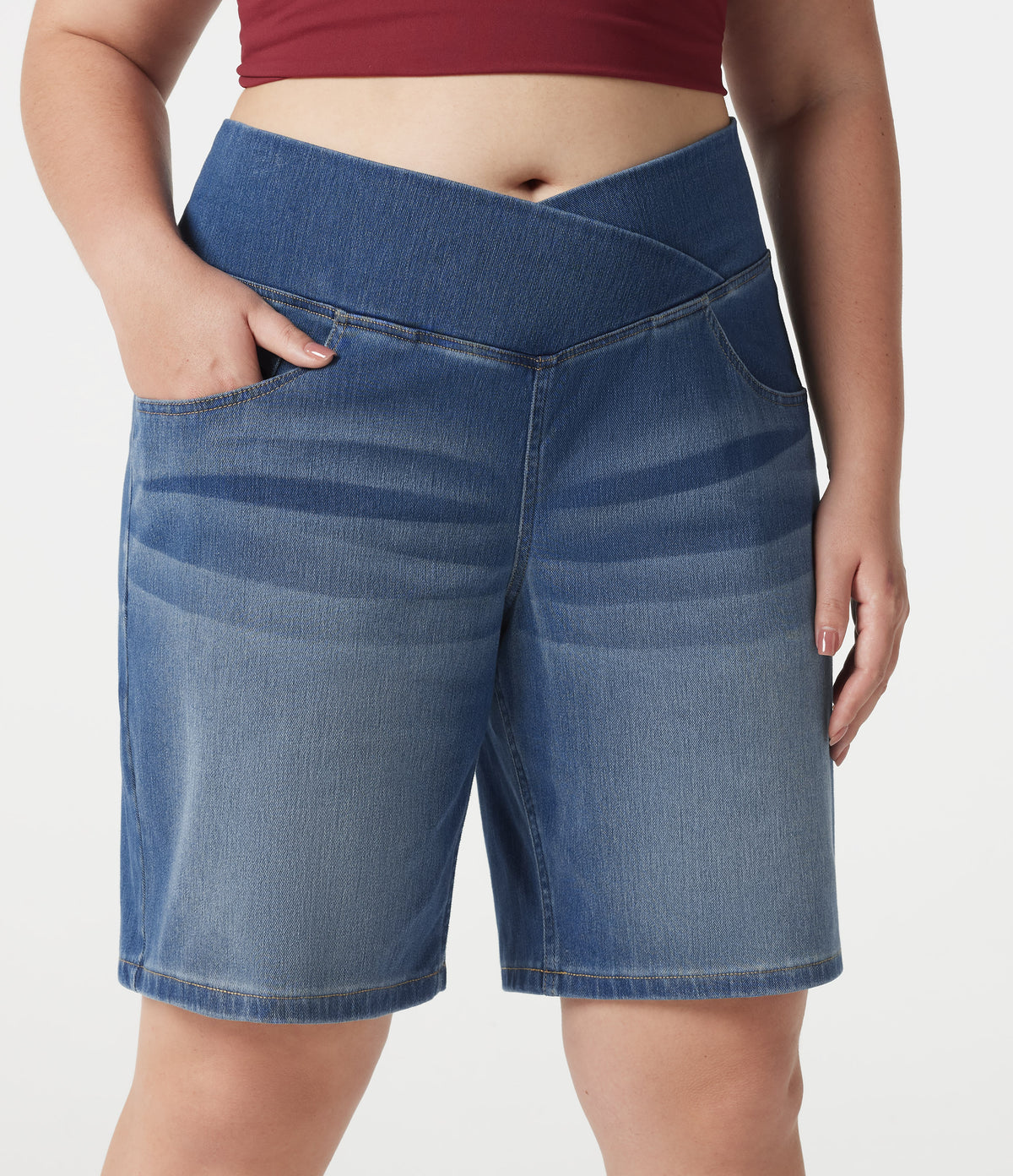 Denim Plus Size High Waisted Crossover Tummy Control Casual Baggy Shorts with Pockets — Tide Blue Denim — view 5