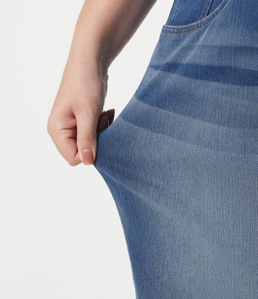 Denim Plus Size High Waisted Crossover Tummy Control Casual Baggy Shorts with Pockets — Tide Blue Denim — view 4