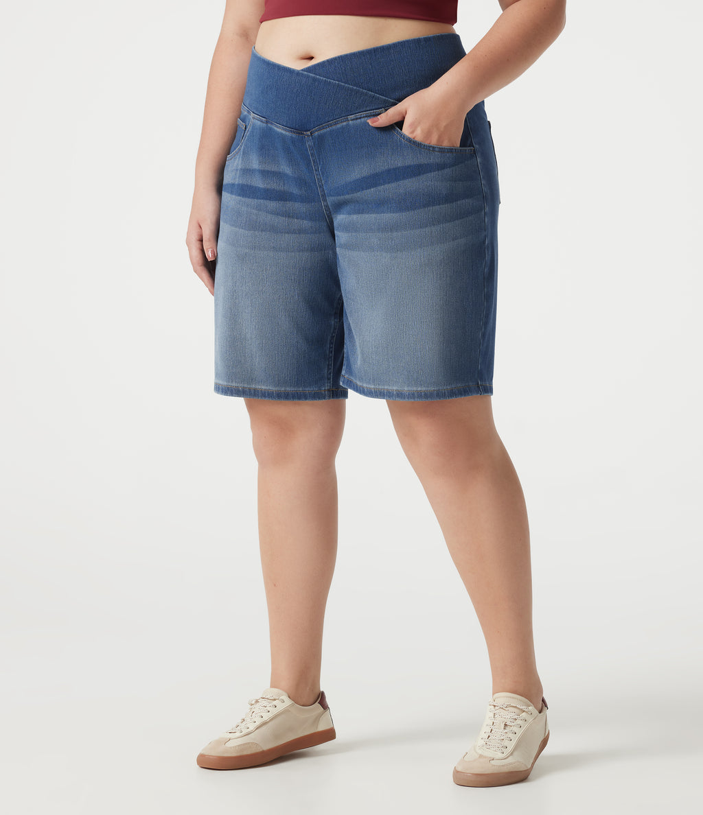 Denim Plus Size High Waisted Crossover Tummy Control Casual Baggy Shorts with Pockets — Tide Blue Denim — view 3