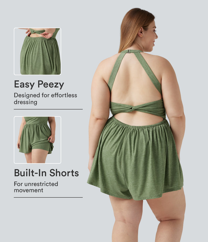 Plus Size Padded 2-in-1 Romper with Pockets-Edition — Light Green Floral Yarn — view 1