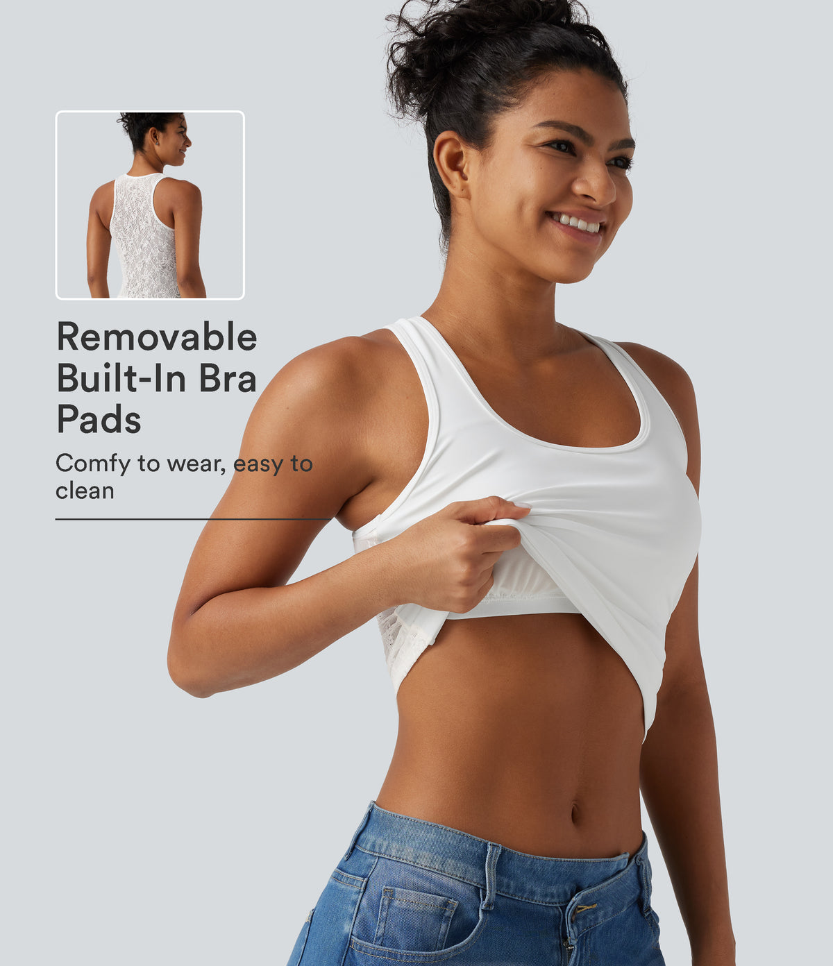 Airy U Neck Built-in Bra Contrast Lace Cut Out Cool Touch Casual Tank Top — White — view 1