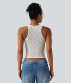 Airy U Neck Built-in Bra Contrast Lace Cut Out Cool Touch Casual Tank Top — White — view 2