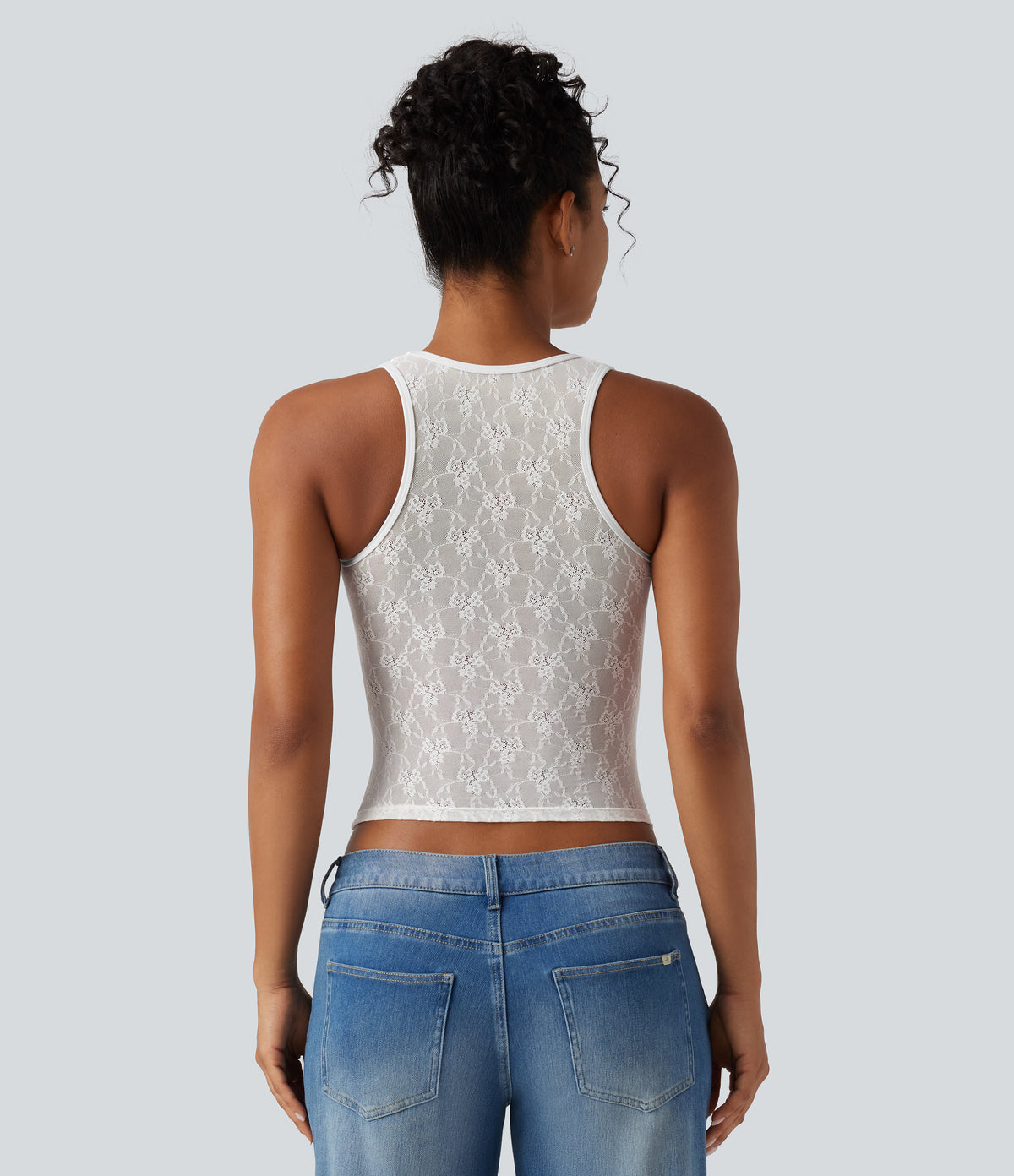 Airy U Neck Built-in Bra Contrast Lace Cut Out Cool Touch Casual Tank Top — White — view 2