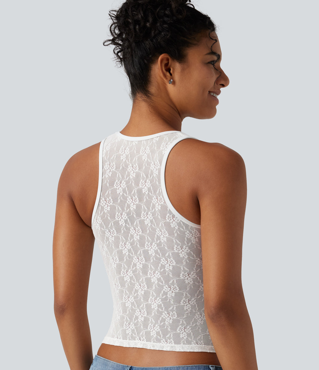 Airy U Neck Built-in Bra Contrast Lace Cut Out Cool Touch Casual Tank Top — White — view 5