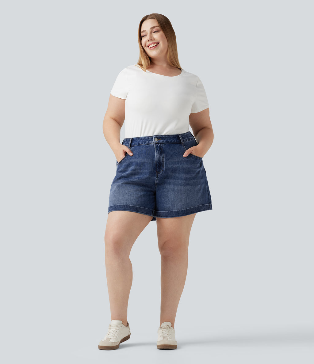 Plus Size Mid Rise Rolled Hem Denim Casual Shorts 5'' with Pockets — Cerulean Blue Denim — view 7