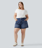 Plus Size Mid Rise Rolled Hem Denim Casual Shorts 5'' with Pockets — Cerulean Blue Denim — view 7