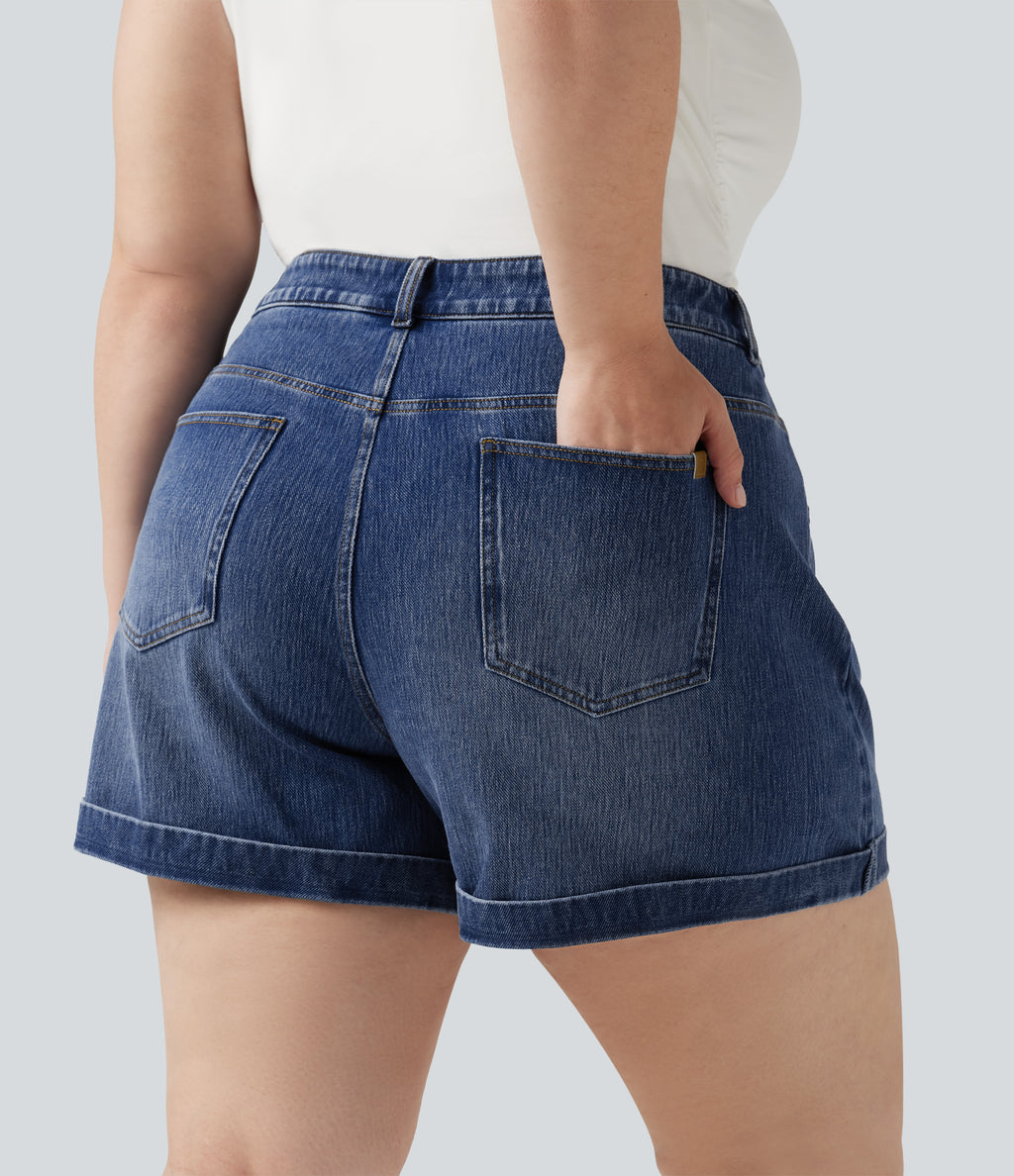 Plus Size Mid Rise Rolled Hem Denim Casual Shorts 5'' with Pockets — Cerulean Blue Denim — view 4