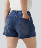 Plus Size Mid Rise Rolled Hem Denim Casual Shorts 5'' with Pockets — Cerulean Blue Denim — view 4