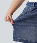 Plus Size Mid Rise Rolled Hem Denim Casual Shorts 5'' with Pockets — Cerulean Blue Denim — view 6