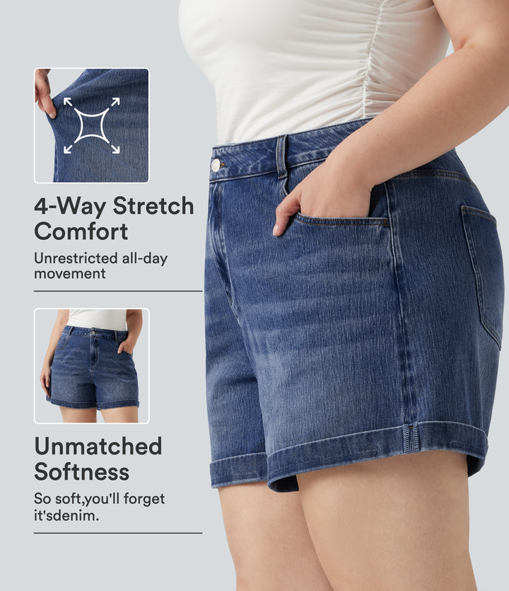 Plus Size Mid Rise Rolled Hem Denim Casual Shorts 5'' with Pockets — Cerulean Blue Denim — view 1