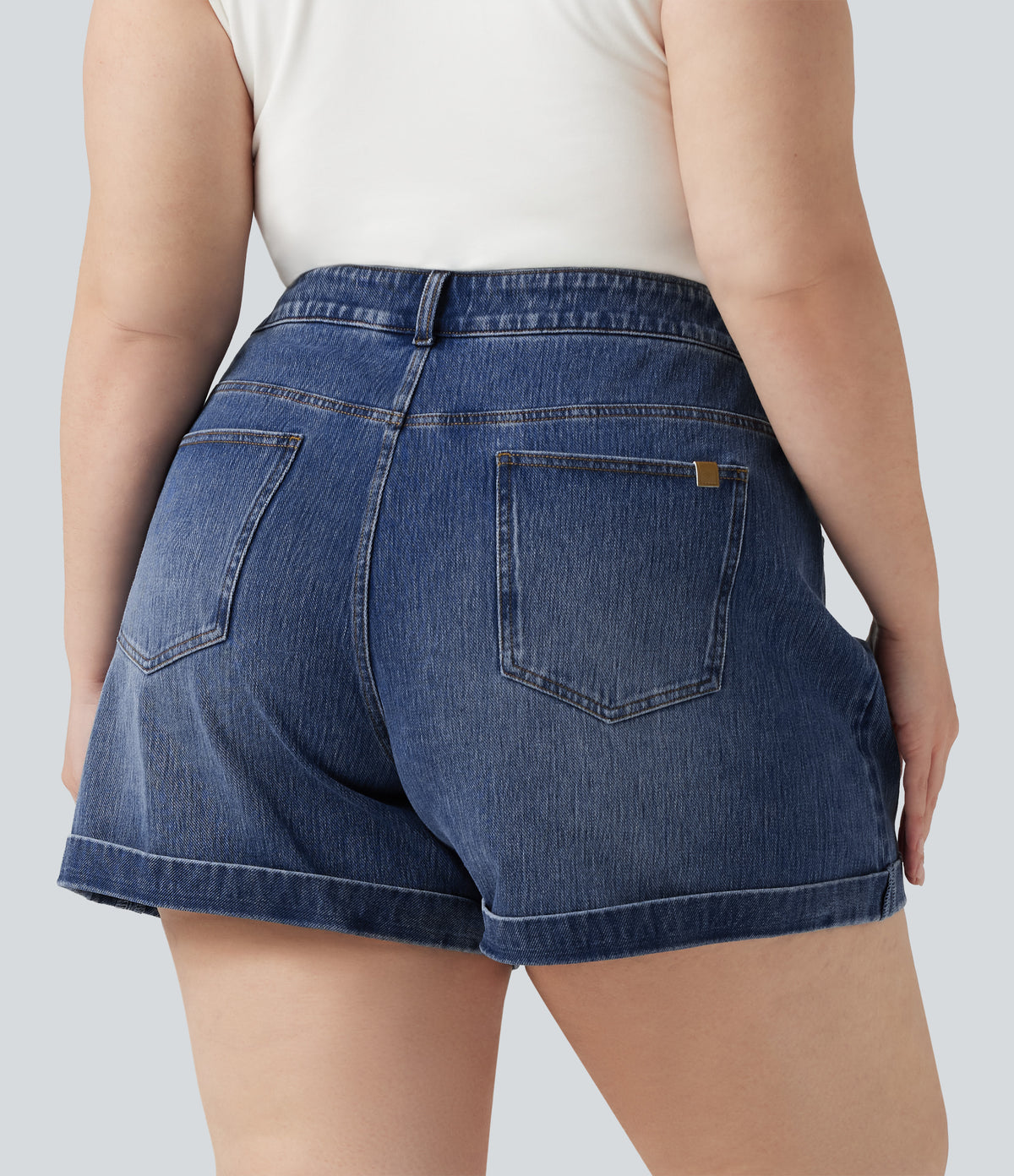 Plus Size Mid Rise Rolled Hem Denim Casual Shorts 5'' with Pockets — Cerulean Blue Denim — view 2