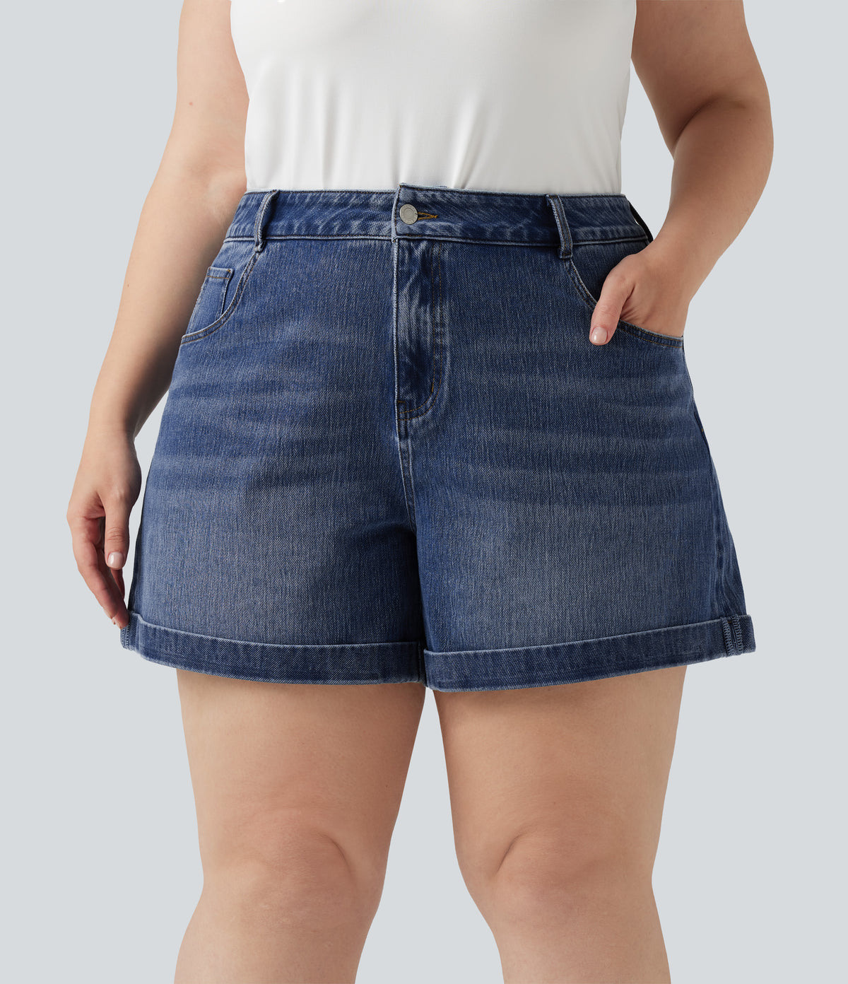 Plus Size Mid Rise Rolled Hem Denim Casual Shorts 5'' with Pockets — Cerulean Blue Denim — view 5