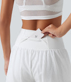 QuickDry Crossover High Waisted 2-in-1 Eyelet Yoga Shorts 3'' with Pockets — White — view 5