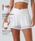 QuickDry Crossover High Waisted 2-in-1 Eyelet Yoga Shorts 3'' with Pockets — White — view 1
