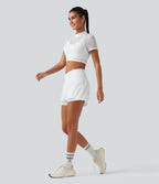 QuickDry Crossover High Waisted 2-in-1 Eyelet Yoga Shorts 3'' with Pockets — White — view 8