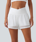 QuickDry Crossover High Waisted 2-in-1 Eyelet Yoga Shorts 3'' with Pockets — White — view 4