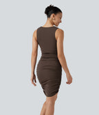 Airy Round Neck Sleeveless Ruched Built-in Bra 2-Piece Cool Touch Casual Bodycon Dress with Tummy Control Shorts — Chocolate Martini — view 2