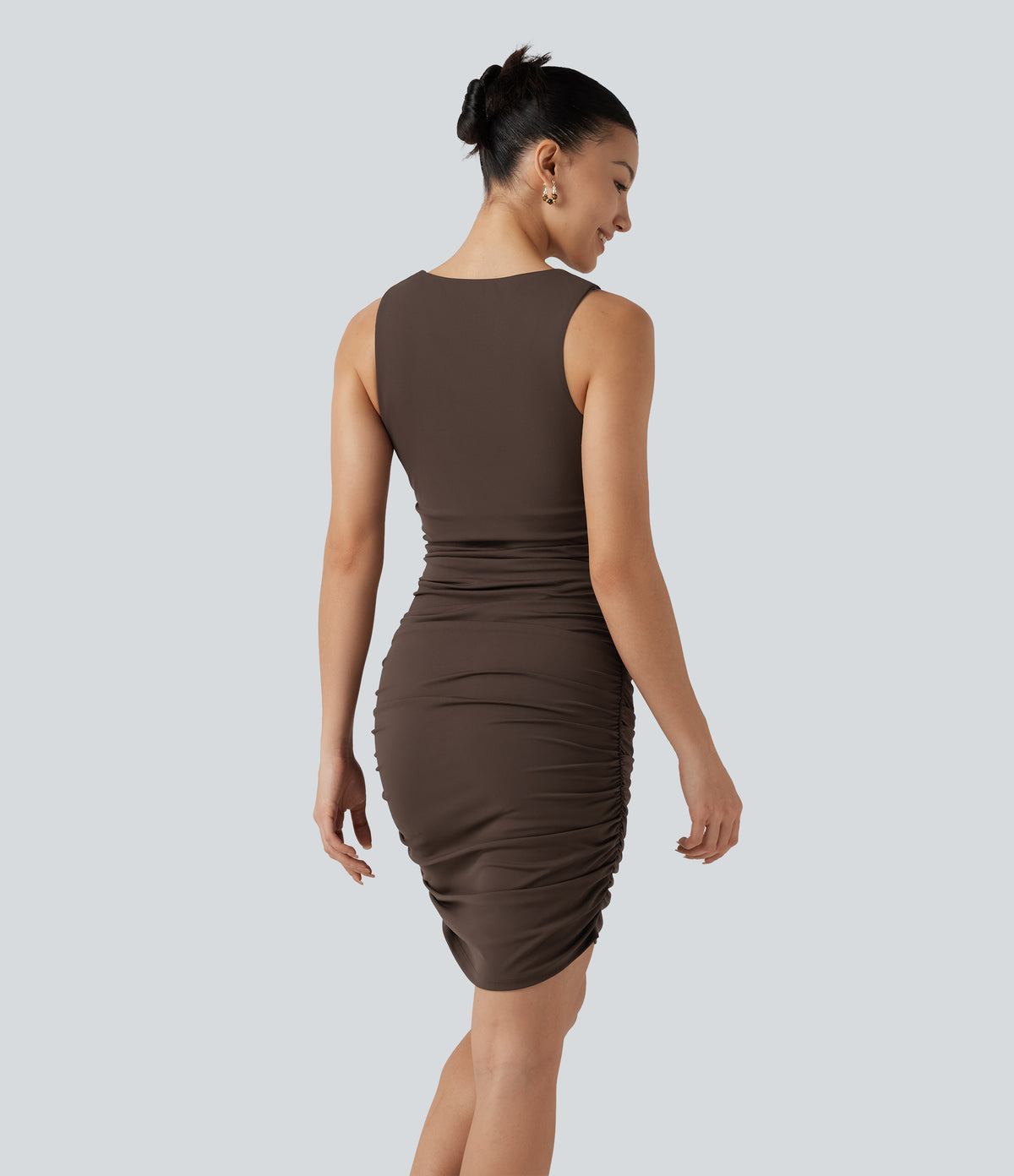 Airy Round Neck Sleeveless Ruched Built-in Bra 2-Piece Cool Touch Casual Bodycon Dress with Tummy Control Shorts — Chocolate Martini — view 2