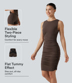 Airy Round Neck Sleeveless Ruched Built-in Bra 2-Piece Cool Touch Casual Bodycon Dress with Tummy Control Shorts — Chocolate Martini — view 1
