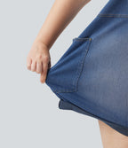 Plus Size V Neck Rolled Hem Washed Denim Casual Short Dungarees with Pockets — Estate Blue Denim — view 7