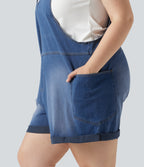Plus Size V Neck Rolled Hem Washed Denim Casual Short Dungarees with Pockets — Estate Blue Denim — view 6