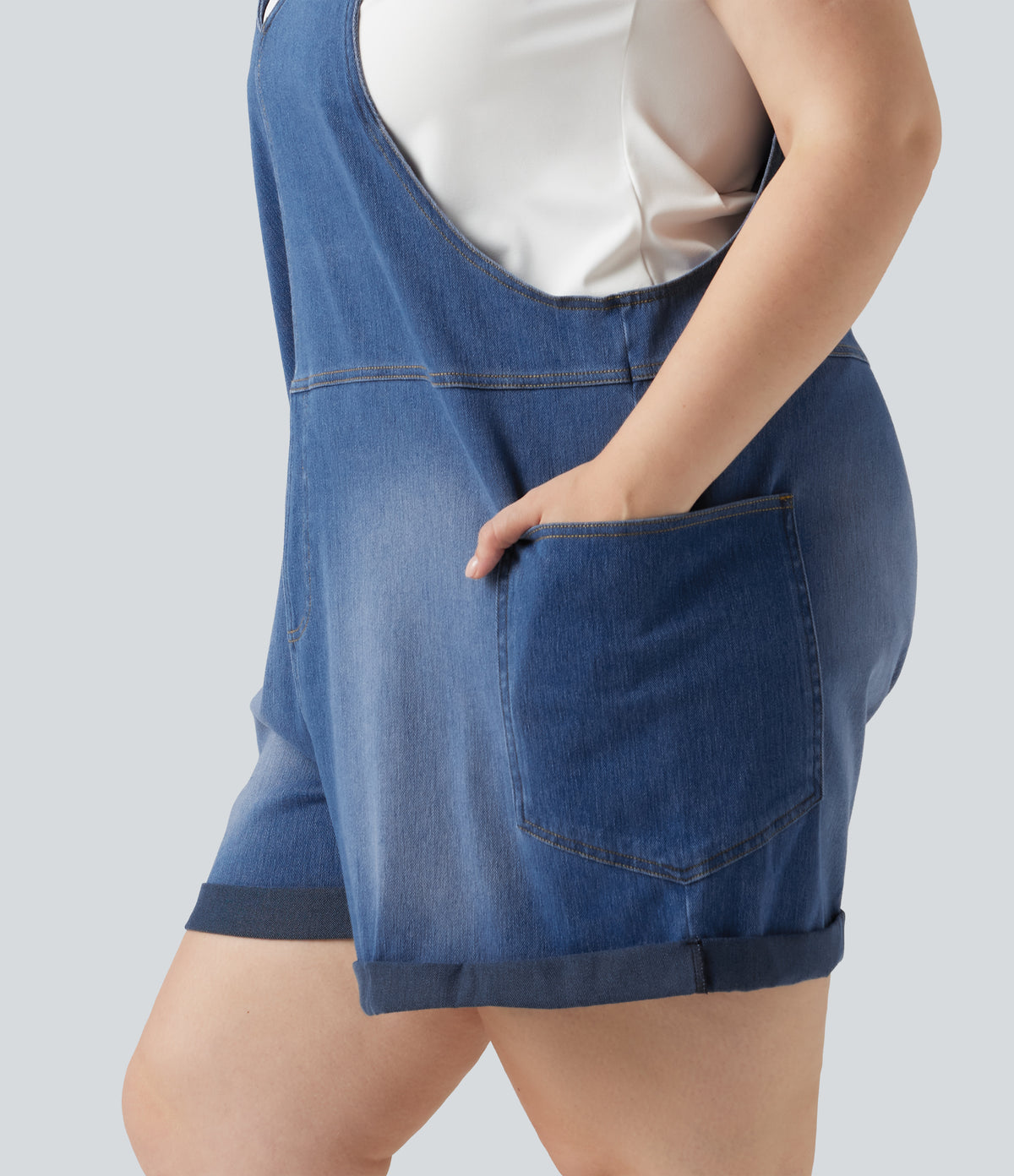 Plus Size V Neck Rolled Hem Washed Denim Casual Short Dungarees with Pockets — Estate Blue Denim — view 6