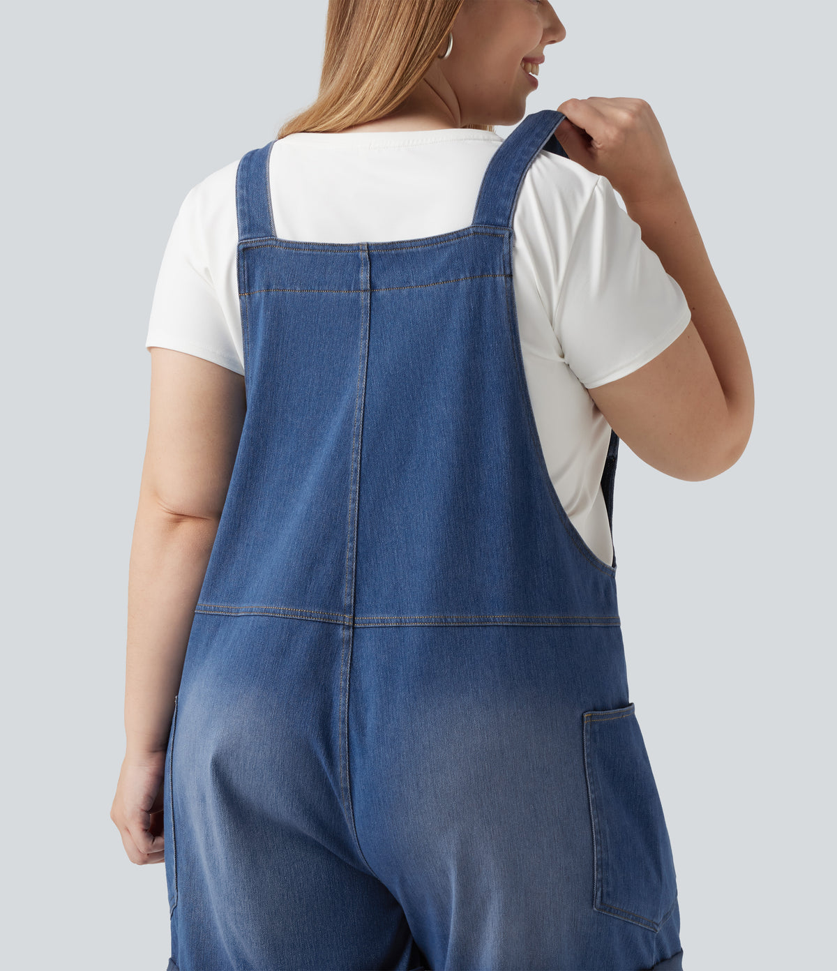 Plus Size V Neck Rolled Hem Washed Denim Casual Short Dungarees with Pockets — Estate Blue Denim — view 5