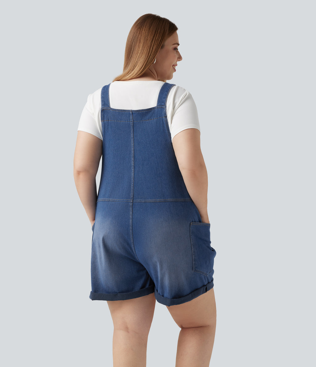 Plus Size V Neck Rolled Hem Washed Denim Casual Short Dungarees with Pockets — Estate Blue Denim — view 2
