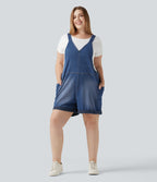Plus Size V Neck Rolled Hem Washed Denim Casual Short Dungarees with Pockets — Estate Blue Denim — view 8