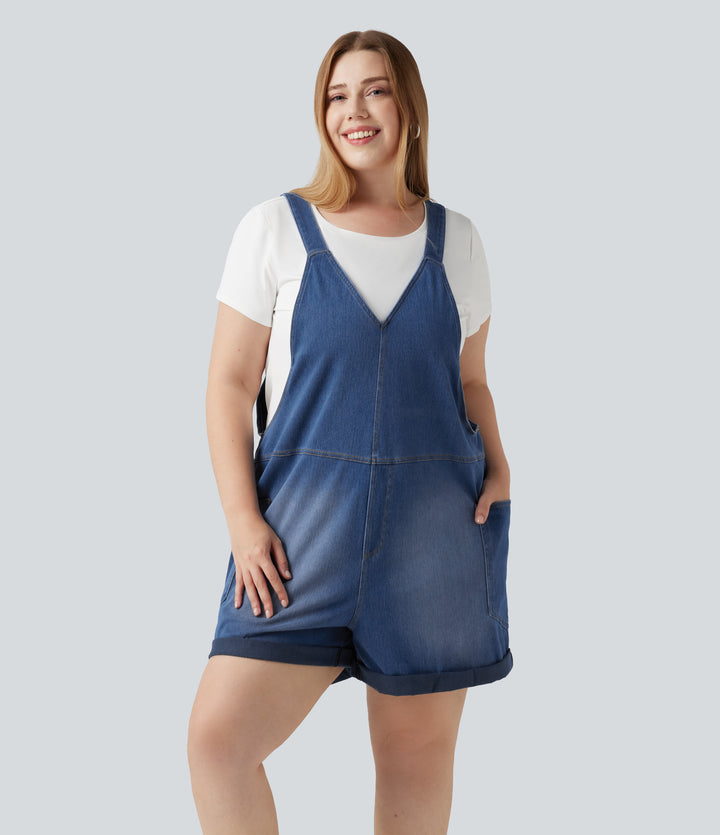 Plus Size V Neck Rolled Hem Washed Denim Casual Short Dungarees with Pockets — Estate Blue Denim — view 1