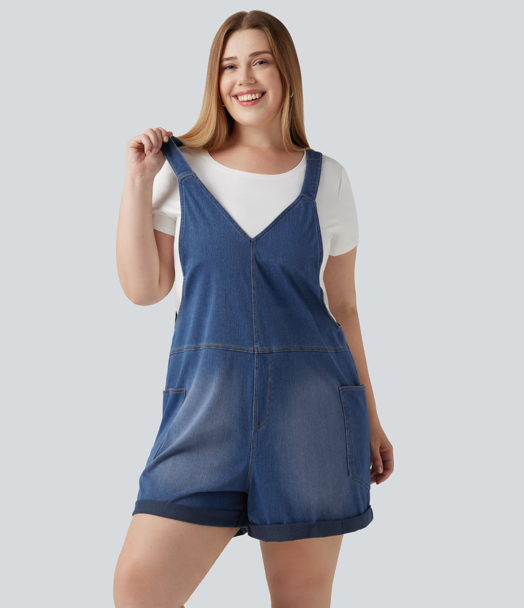 Plus Size V Neck Rolled Hem Washed Denim Casual Short Dungarees with Pockets — Estate Blue Denim — view 4