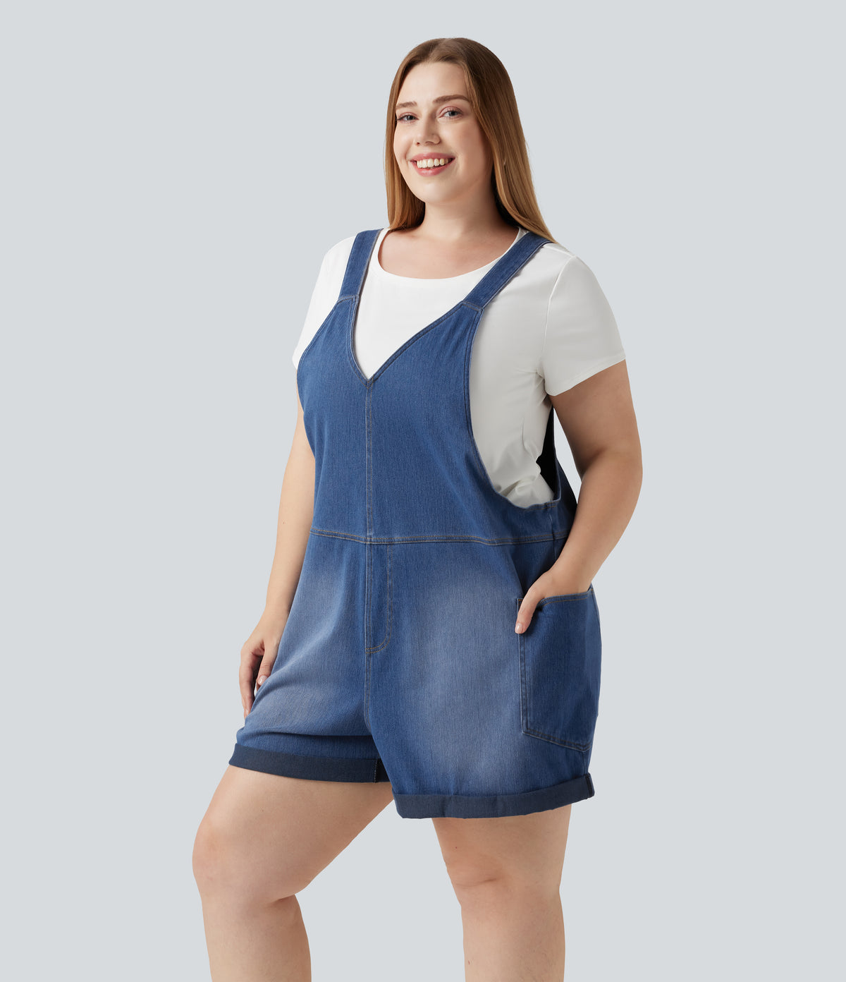 Plus Size V Neck Rolled Hem Washed Denim Casual Short Dungarees with Pockets — Estate Blue Denim — view 3
