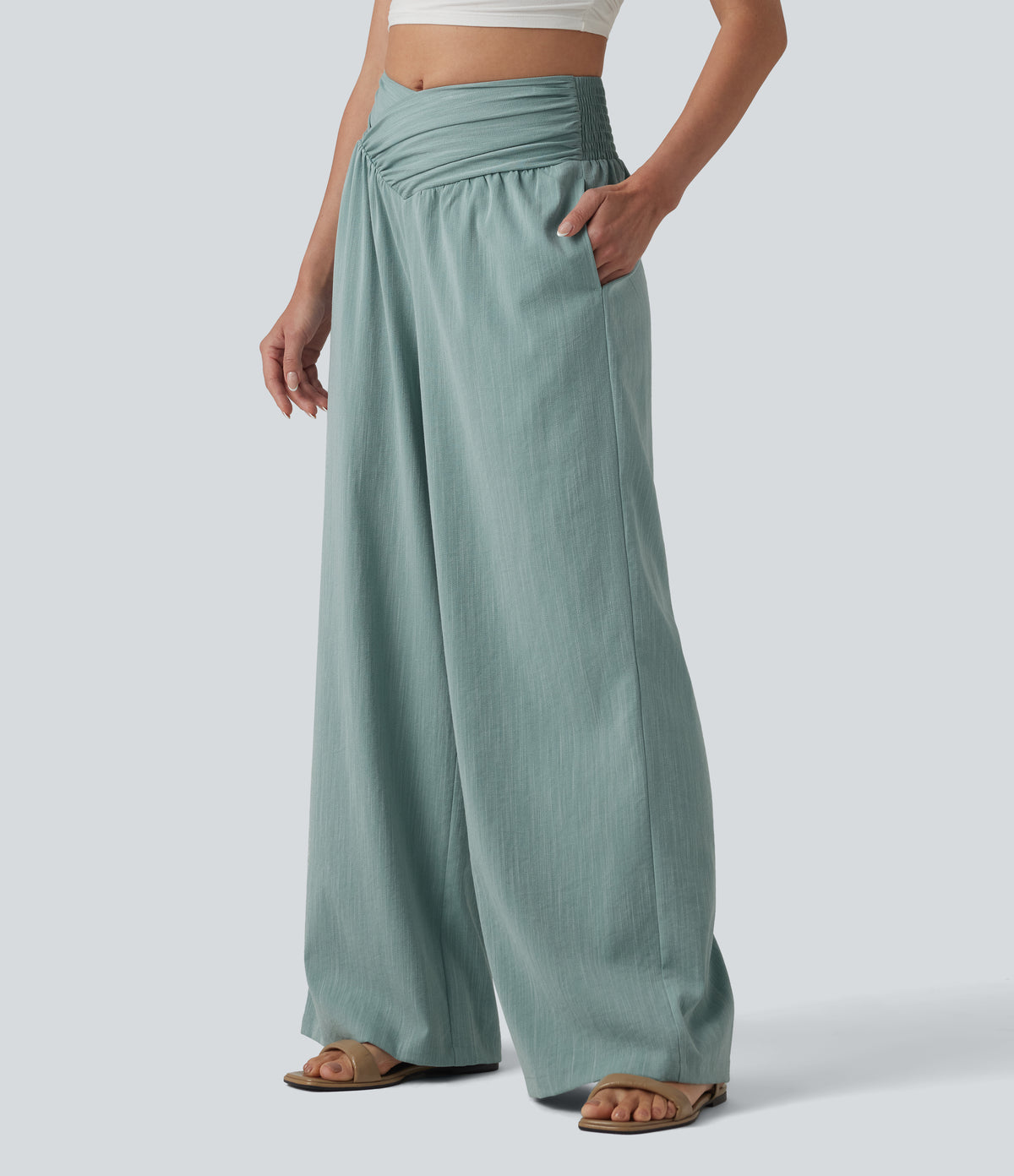 Crossover High-waisted Ruched Casual Linen-Feel Baggy Trousers with Pockets — Silverwood Sage — view 3