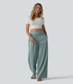 Crossover High-waisted Ruched Casual Linen-Feel Baggy Trousers with Pockets — Silverwood Sage — view 7