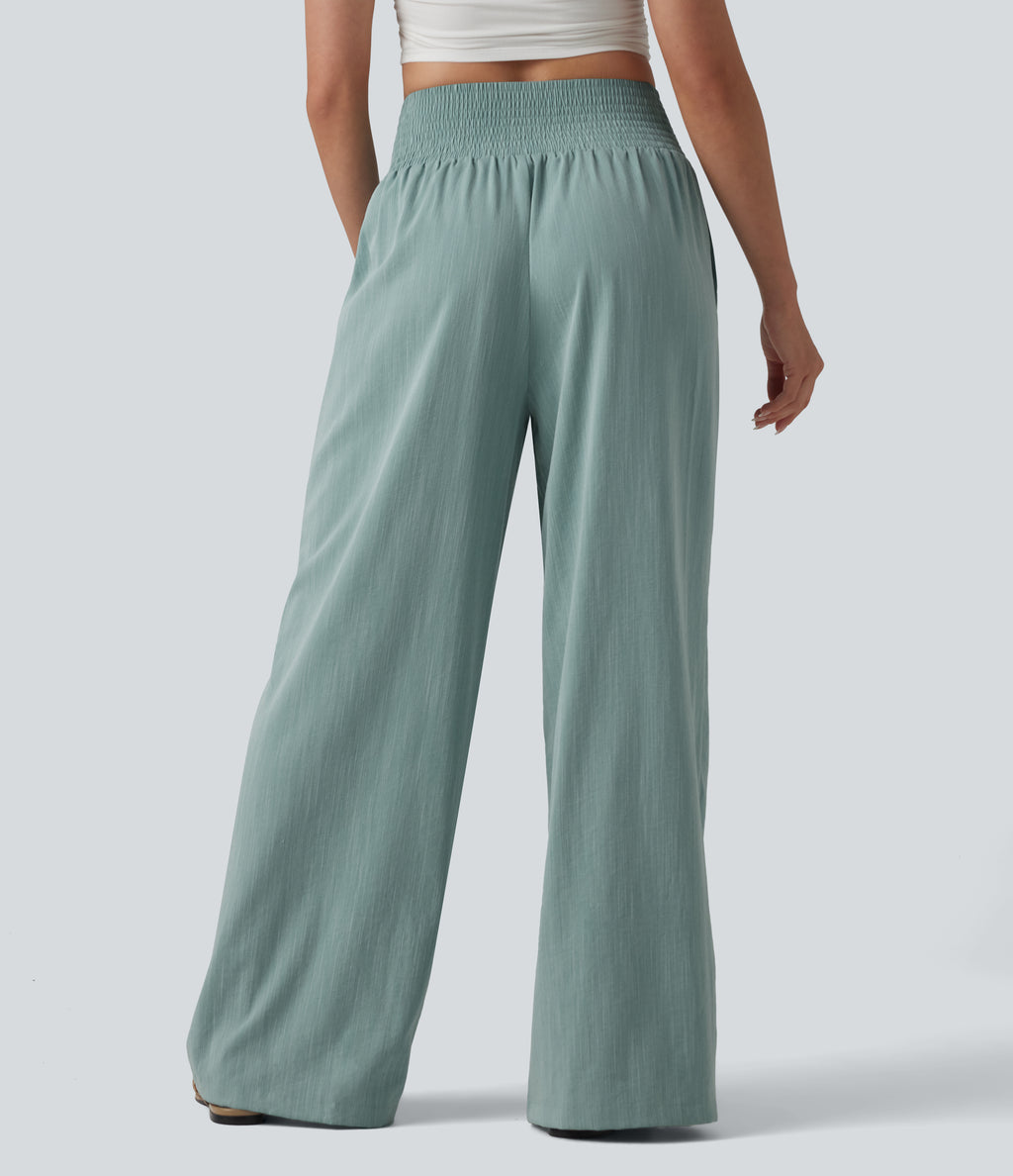Crossover High-waisted Ruched Casual Linen-Feel Baggy Trousers with Pockets — Silverwood Sage — view 2