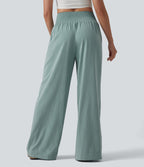 Crossover High-waisted Ruched Casual Linen-Feel Baggy Trousers with Pockets — Silverwood Sage — view 2