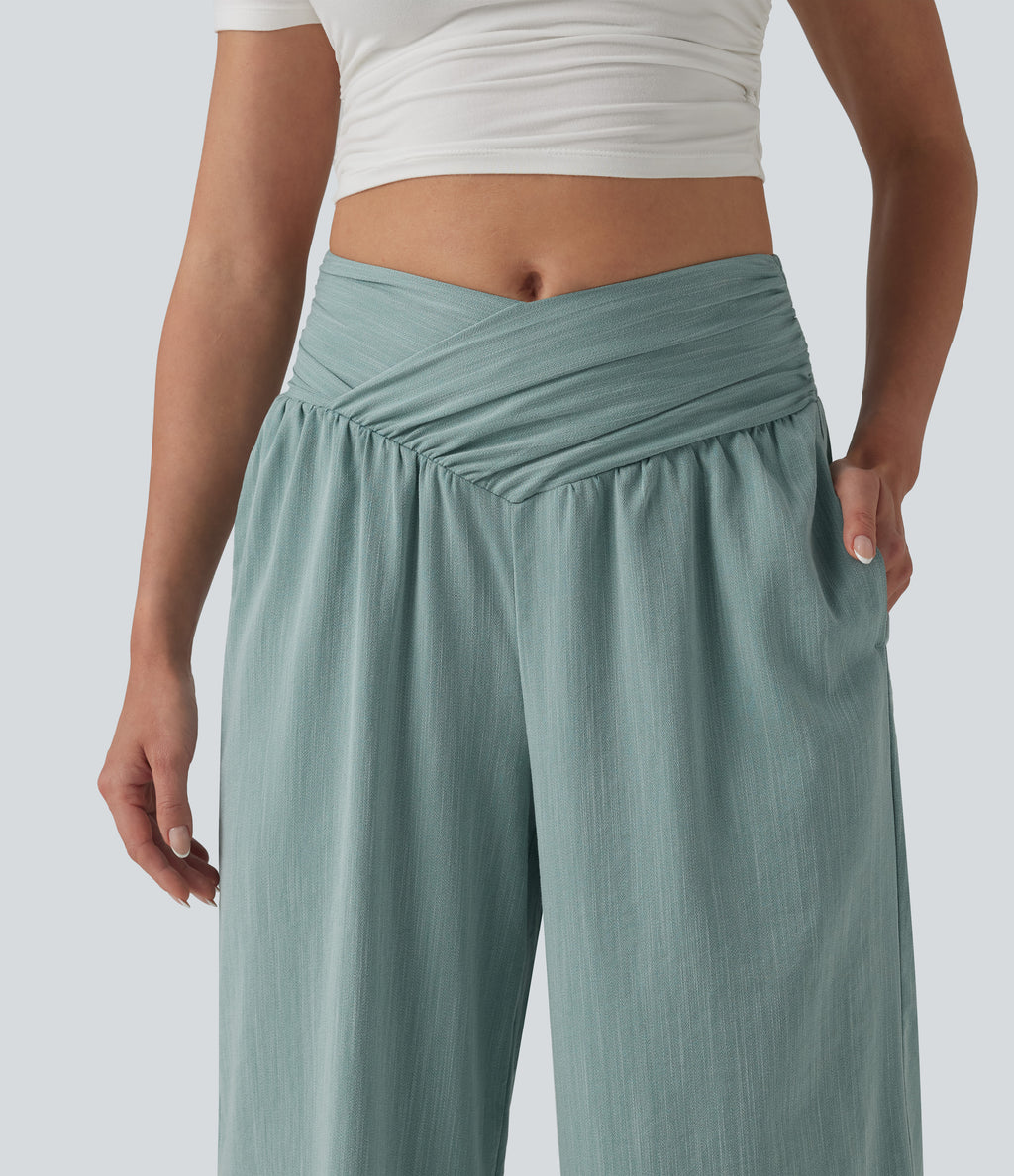 Crossover High-waisted Ruched Casual Linen-Feel Baggy Trousers with Pockets — Silverwood Sage — view 5