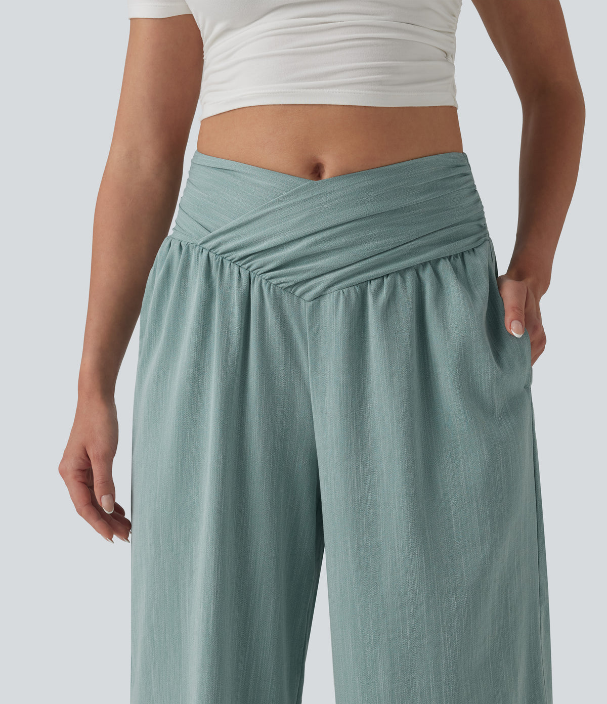 Crossover High-waisted Ruched Casual Linen-Feel Baggy Trousers with Pockets — Silverwood Sage — view 5