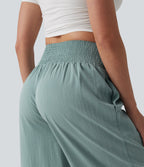 Crossover High-waisted Ruched Casual Linen-Feel Baggy Trousers with Pockets — Silverwood Sage — view 6