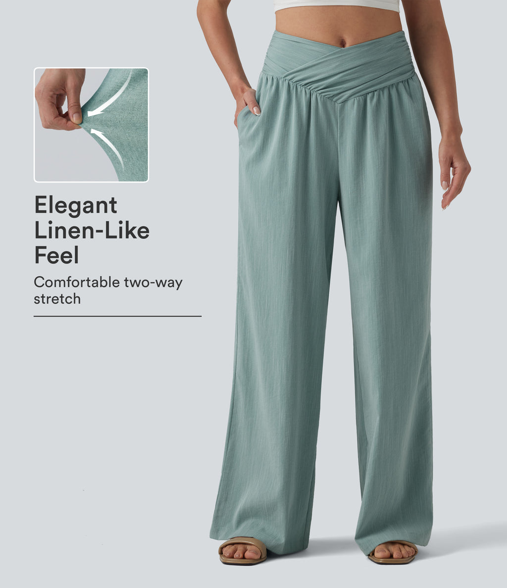 Crossover High-waisted Ruched Casual Linen-Feel Baggy Trousers with Pockets — Silverwood Sage — view 1