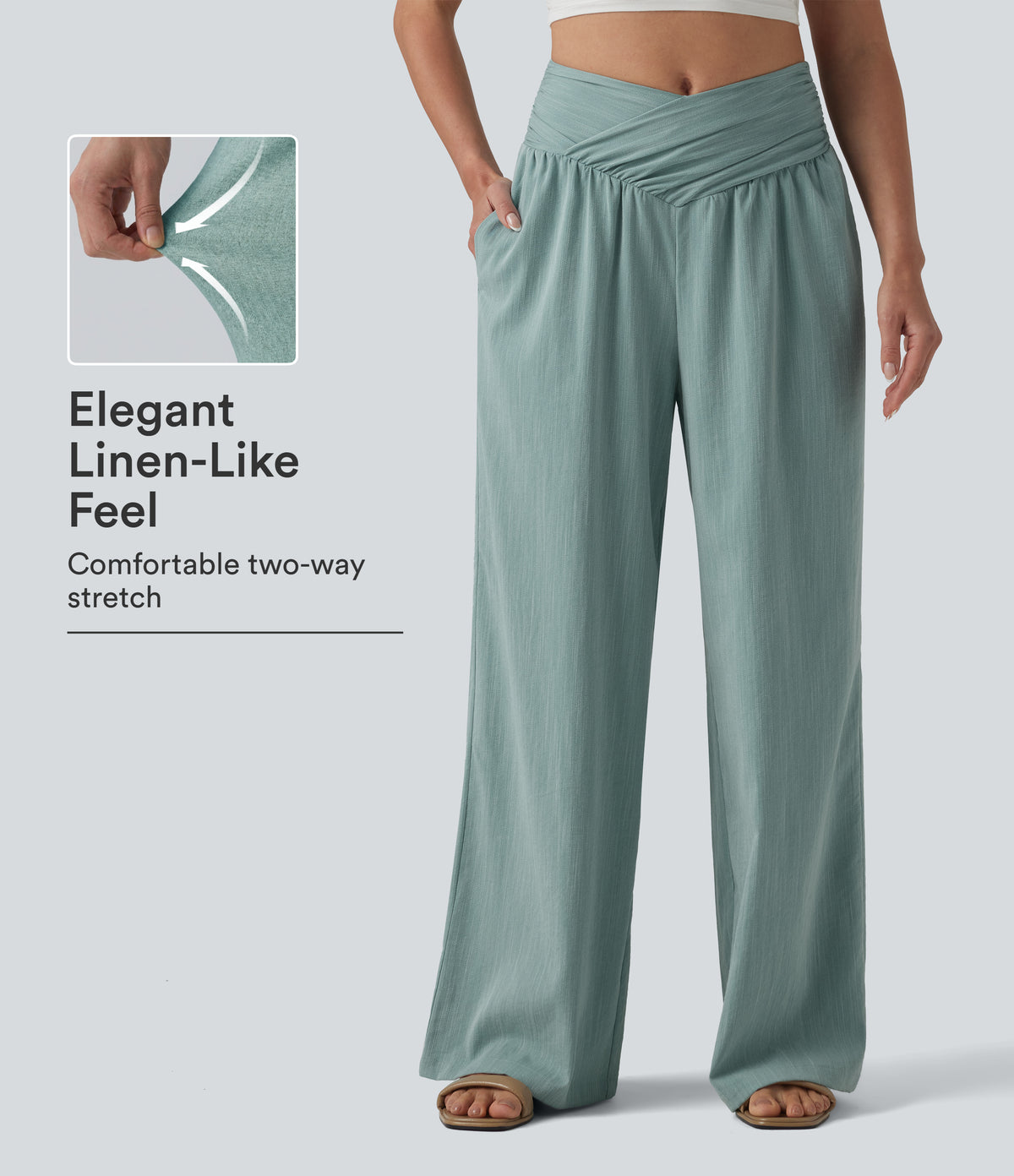Crossover High-waisted Ruched Casual Linen-Feel Baggy Trousers with Pockets — Silverwood Sage — view 1