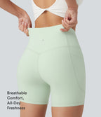 High Waisted Tummy Control Shaping Training Biker Shorts 5'' with Pockets — Dusty Aqua — view 8