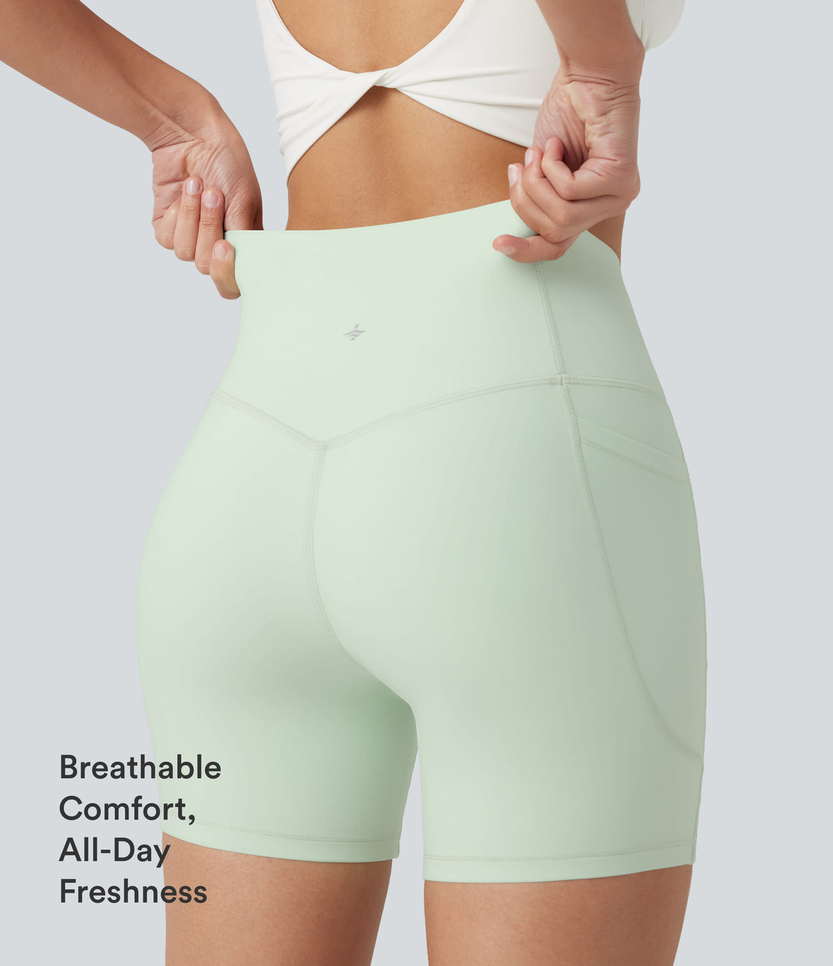 High Waisted Tummy Control Shaping Training Biker Shorts 5'' with Pockets — Dusty Aqua — view 8