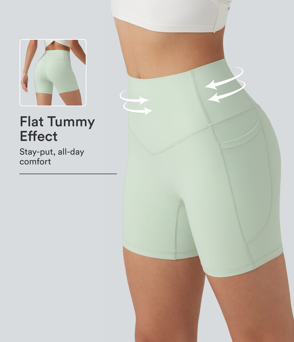 High Waisted Tummy Control Shaping Training Biker Shorts 5'' with Pockets — Dusty Aqua — view 1