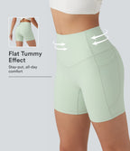 High Waisted Tummy Control Shaping Training Biker Shorts 5'' with Pockets — Dusty Aqua — view 1