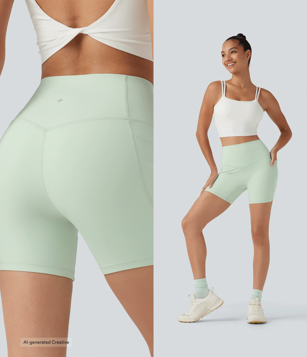 High Waisted Tummy Control Shaping Training Biker Shorts 5'' with Pockets — Dusty Aqua — view 6