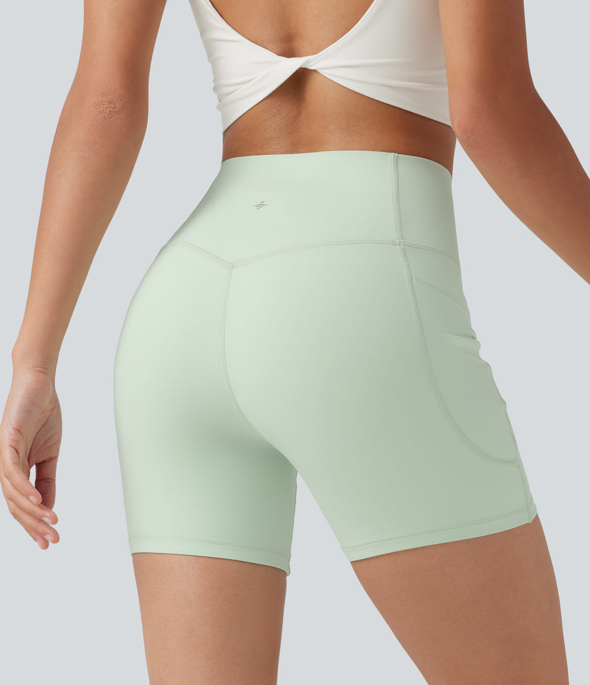 High Waisted Tummy Control Shaping Training Biker Shorts 5'' with Pockets — Dusty Aqua — view 5