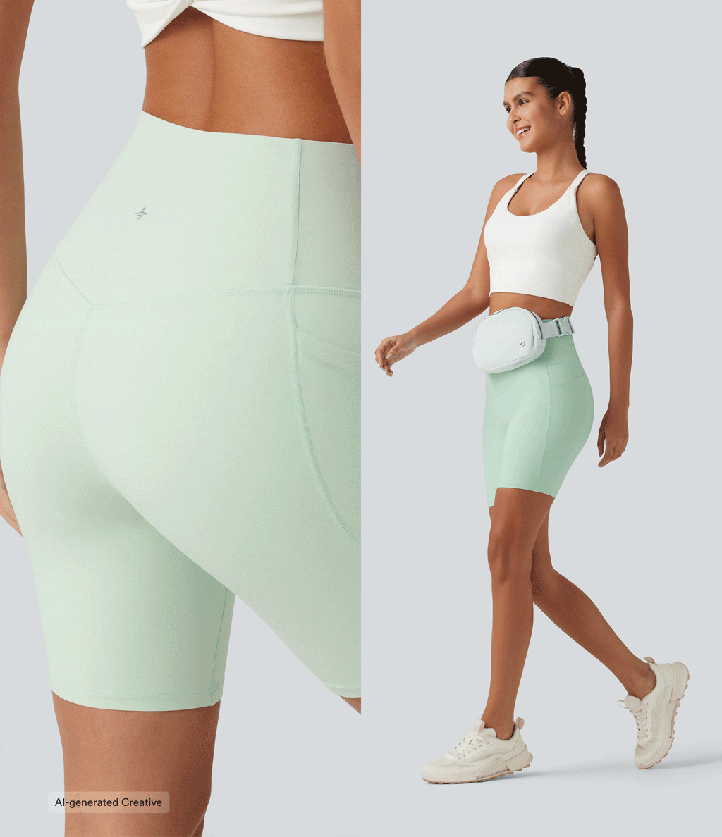 High Waisted Tummy Control Shaping Training Biker Shorts 7'' with Pockets — Dusty Aqua — view 5