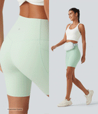 High Waisted Tummy Control Shaping Training Biker Shorts 7'' with Pockets — Dusty Aqua — view 5