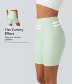 High Waisted Tummy Control Shaping Training Biker Shorts 7'' with Pockets — Dusty Aqua — view 1
